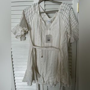 SELFIE LESLIE white dress with gold shimmer stripes